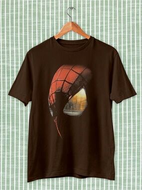 Spider mask shirt, Cinematic comic Men's Brown Graphic Spider Mask T-Shirt
